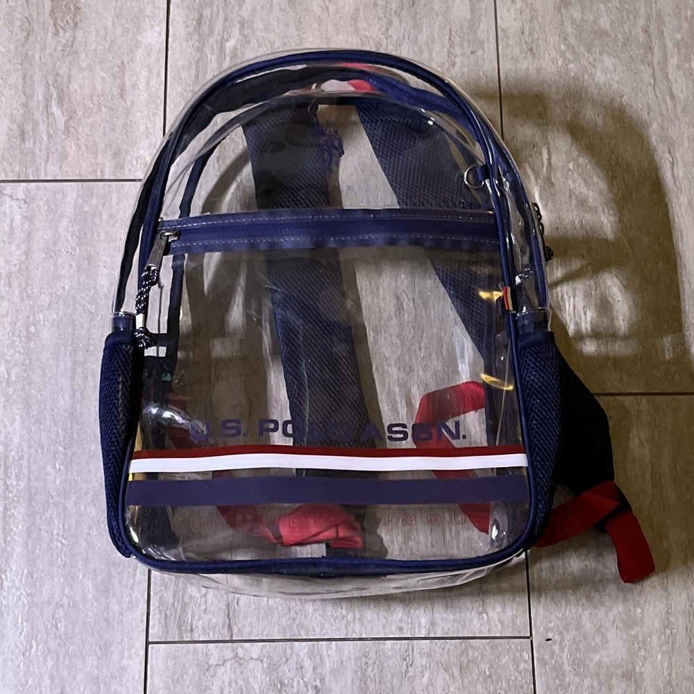 U.S. Polo Assn Clear 16" Backpack Navy Trim Women Stadium Bag Mesh Water Bottle